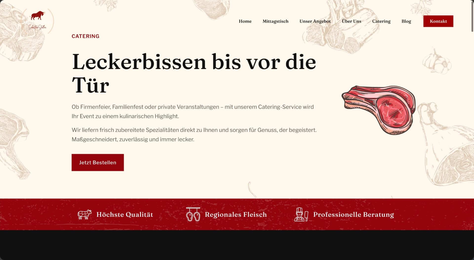 Catering-Seite von Metzgerei Stadler mit Headline „Leckerbissen bis vor die Tür“