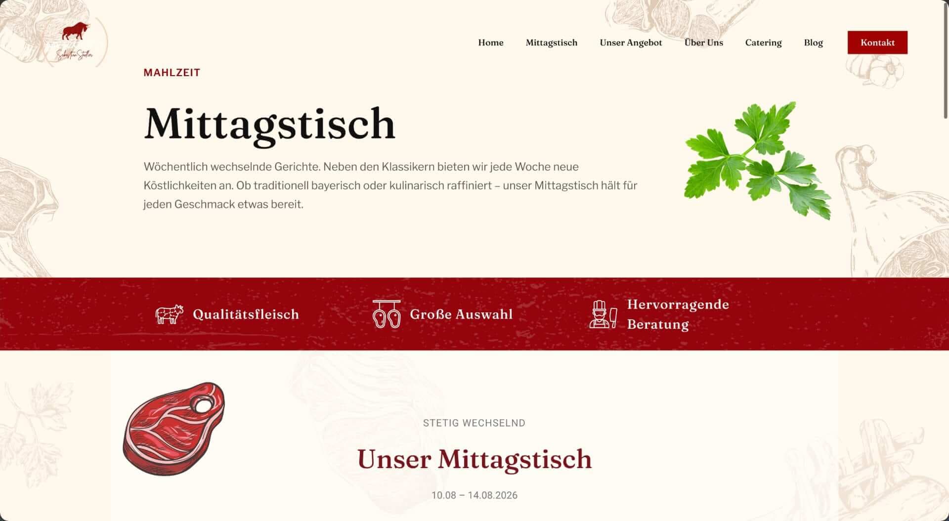 Mittagstisch-Seite von Metzgerei Stadler mit wöchentlich wechselnden Gerichten