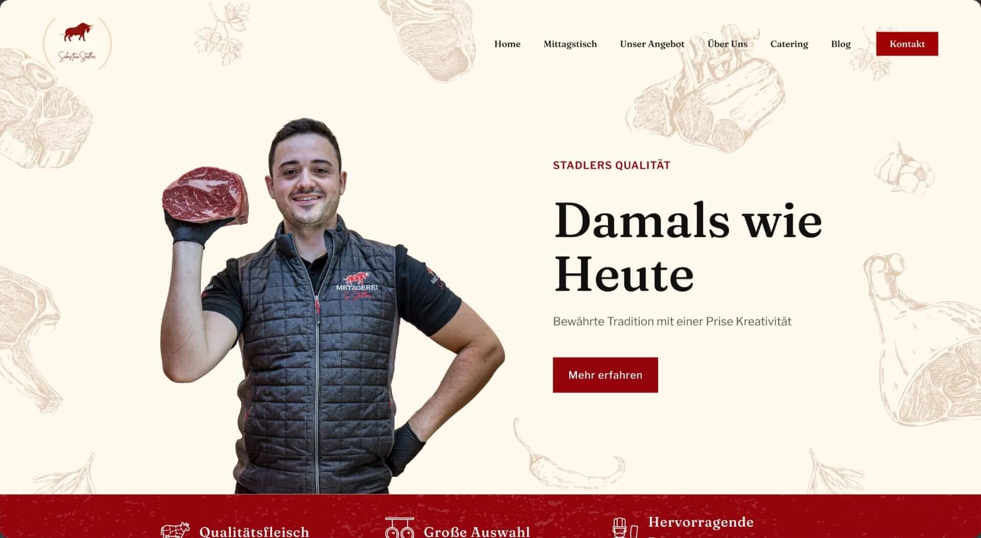 Startseite von Metzgerei Stadler: Metzger mit Steak und Headline „Damals wie Heute“