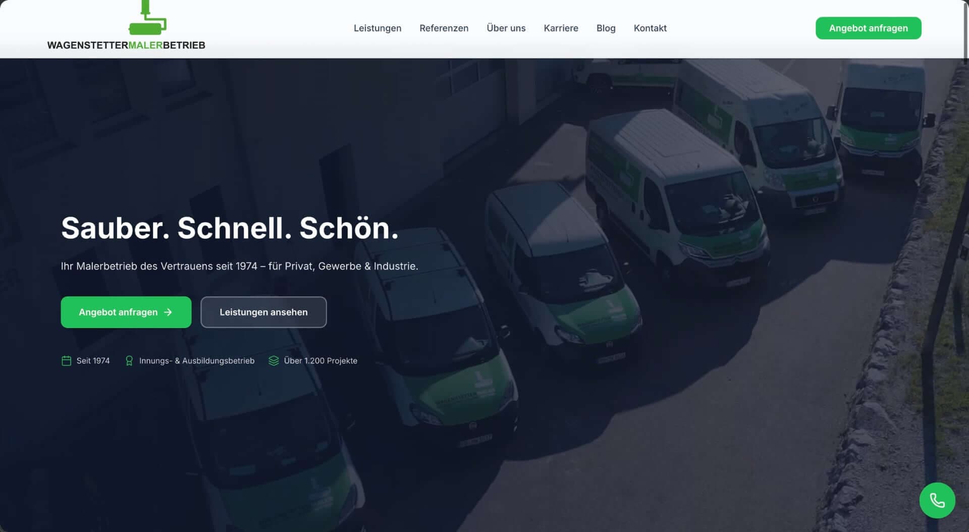Startseite von Wagenstetter Malerbetrieb: Fuhrpark mit Headline „Sauber. Schnell. Schön.“