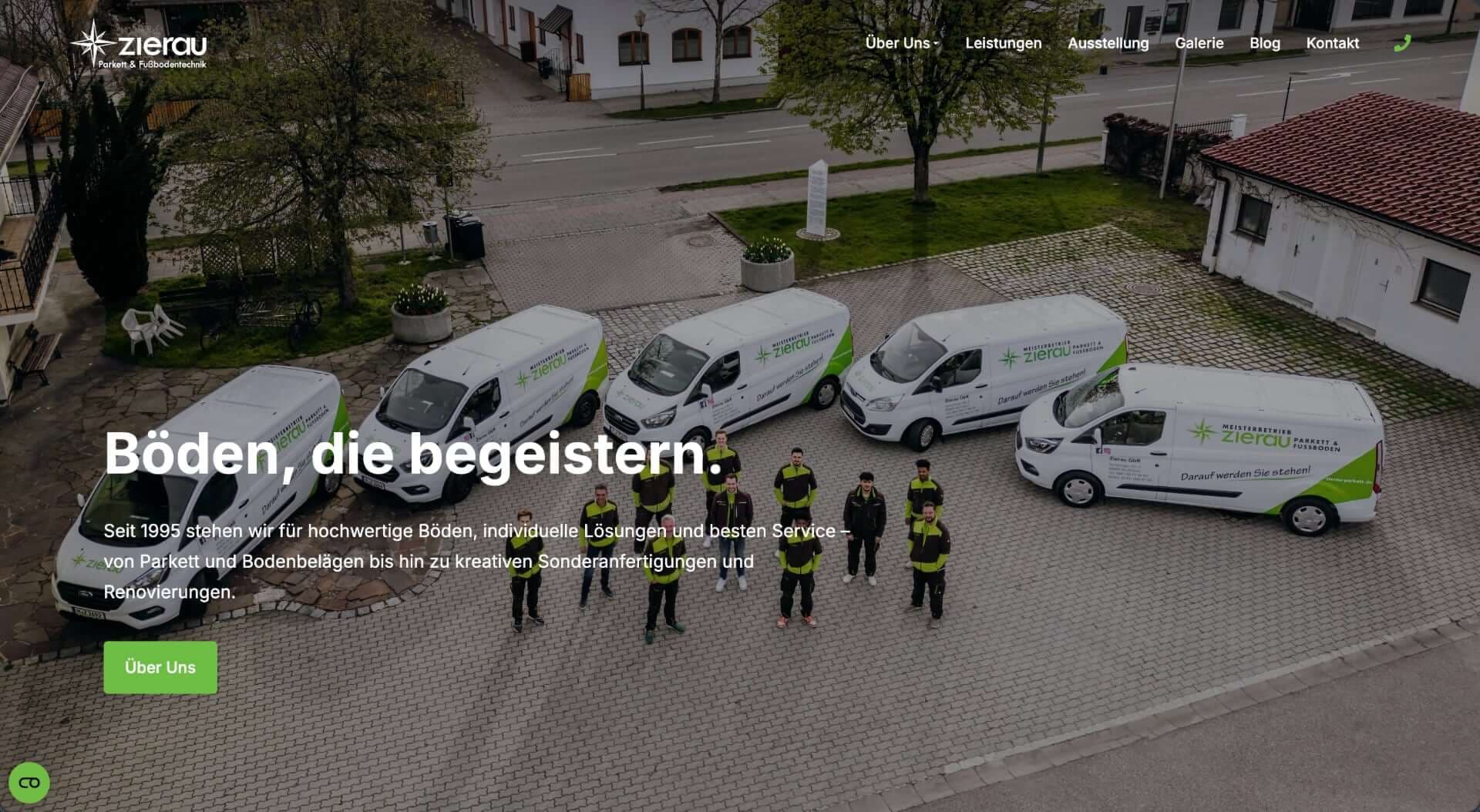 Startseite von Zierau Parkett: Team und Fuhrpark mit Headline „Böden, die begeistern.“
