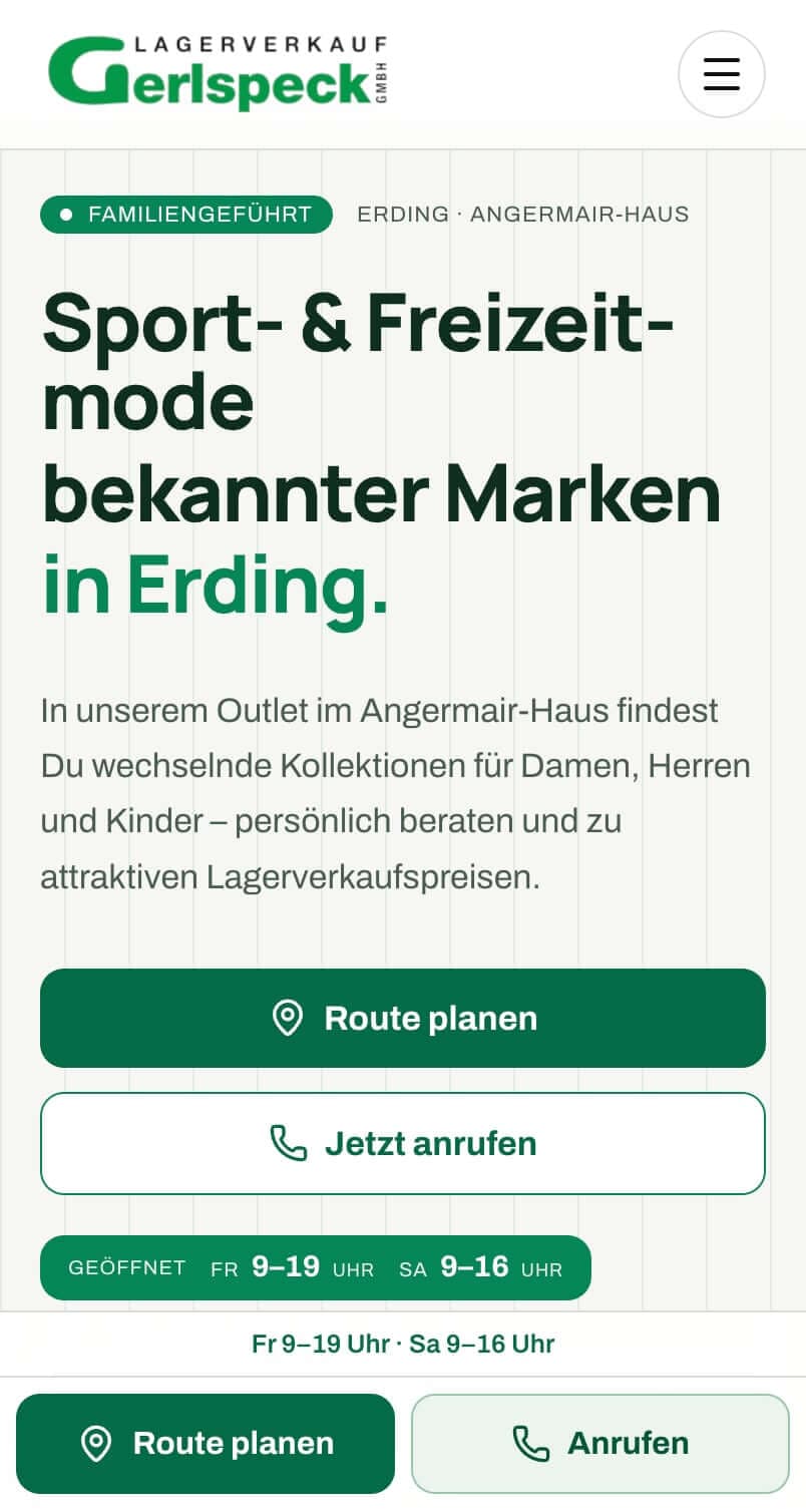 Aktueller Mobile-Auftritt von Lagerverkauf Gerlspeck mit Route planen und Anrufen