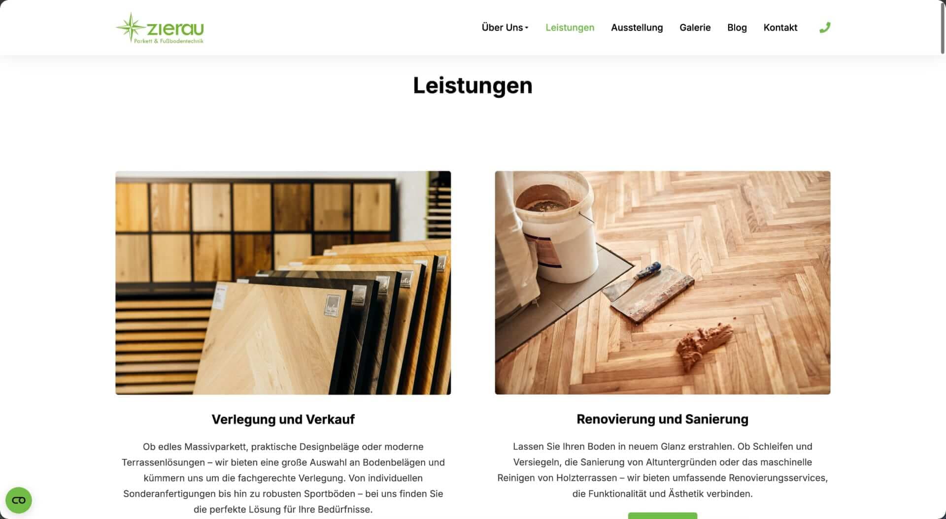 Leistungsseite von Zierau Parkett mit Verlegung, Verkauf, Renovierung und Sanierung